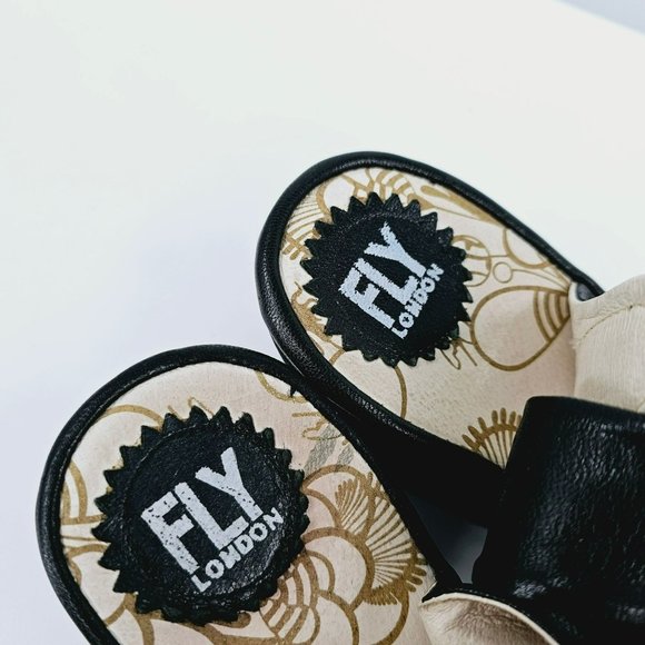 Fly London Yakin Ankle Strap Wedge Sandals 41 10 Black Leather Peep Toe Comfort - Picture 3 of 13